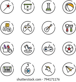 line vector icon set - Magic wand vector, presentation board, chess queen, ball, abc cube, joystick, guitar, shovel fork toy, bucket, rocking horse, gamepad, soccer, piano, yoyo, unicorn stick