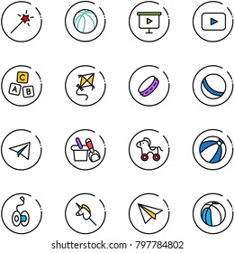 line vector icon set - Magic wand vector, basketball ball, presentation board, playback, abc cube, kite, tambourine, paper plane, shovel bucket, wheel horse, beach, yoyo, toy unicorn stick