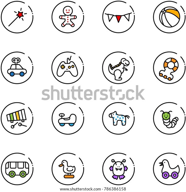 line vector icon set -\
Magic wand vector, cake man, flag garland, ball, car toy, joystick,\
dinosaur, teethers, xylophone, baby, horse, caterpillar, bus, duck,\
monster