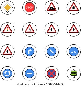 line vector icon set - main road vector sign, stop, climb, tunnel, traffic light, pedestrian, intersection, only right, detour, circle, no, signpost