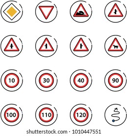 line vector icon set - main road vector sign, giving way, steep descent, intersection, cow, speed limit 10, 30, 40, 90, 100, 110, 120, trip