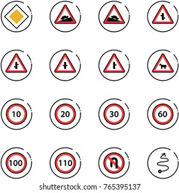 line vector icon set - main road vector sign, climb, steep descent, intersection, cow, speed limit 10, 20, 30, 60, 100, 110, no turn back, trip
