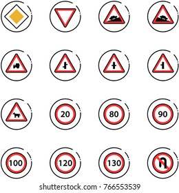 line vector icon set - main road vector sign, giving way, climb, steep descent, tractor, intersection, cow, speed limit 20, 80, 90, 100, 120, 130, no turn back