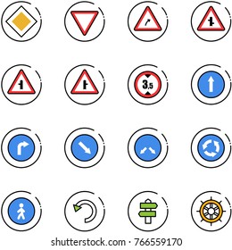 line vector icon set - main road vector sign, giving way, turn right, intersection, limited height, only forward, detour, circle, pedestrian, undo, signpost, hand wheel