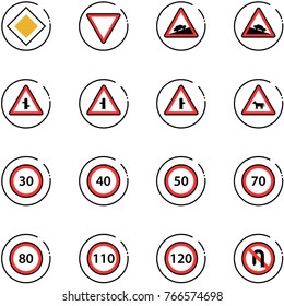 line vector icon set - main road vector sign, giving way, climb, steep descent, intersection, cow, speed limit 30, 40, 50, 70, 80, 110, 120, no turn back