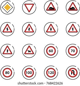 line vector icon set - main road vector sign, giving way, climb, steep descent, intersection, cow, speed limit 60, 70, 80, 100, 120, no turn back