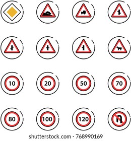 line vector icon set - main road vector sign, steep descent, tractor way, intersection, cow, speed limit 10, 20, 50, 70, 80, 100, 120, no turn back
