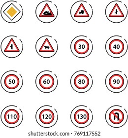 line vector icon set - main road vector sign, climb, tractor way, intersection, cow, speed limit 30, 40, 50, 60, 80, 90, 110, 120, 130, no turn back