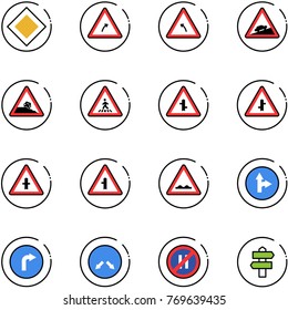 line vector icon set - main road vector sign, turn right, left, climb, steep roadside, pedestrian, intersection, rough, only forward, detour, no parking even, signpost