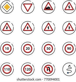 line vector icon set - main road vector sign, giving way, steep descent, intersection, speed limit 10, 20, 50, 90, 110, 120, no turn back, trip