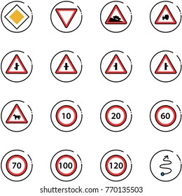 line vector icon set - main road vector sign, giving way, steep descent, tractor, intersection, cow, speed limit 10, 20, 60, 70, 100, 120, trip