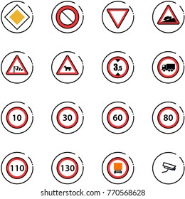 line vector icon set - main road vector sign, prohibition, giving way, climb, side wind, cow, limited height, no truck, speed limit 10, 30, 60, 80, 110, 130, dangerous cargo, surveillance camera