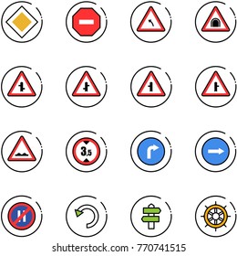 line vector icon set - main road vector sign, no way, turn left, tunnel, intersection, rough, limited height, only right, parking even, undo, signpost, hand wheel