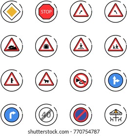line vector icon set - main road vector sign, stop, turn right, left, climb, tunnel, pedestrian, children, intersection, cow, no horn, only forward, end speed limit, parking, outdoor cafe