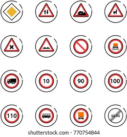 line vector icon set - main road vector sign, oncoming traffic, climb, wild animals, railway intersection, rough, prohibition, no dangerous cargo, truck, speed limit 10, 90, 100, 110, bus