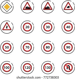line vector icon set - main road vector sign, climb, steep descent, tractor way, intersection, speed limit 20, 30, 40, 50, 70, 80, 90, 100, 120, 130, no turn back