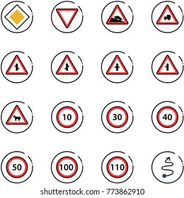 line vector icon set - main road vector sign, giving way, steep descent, tractor, intersection, cow, speed limit 10, 30, 40, 50, 100, 110, trip