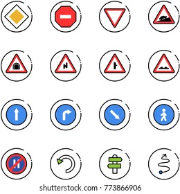line vector icon set - main road vector sign, no way, giving, climb, tunnel, abrupt turn right, intersection, rough, only forward, detour, pedestrian, parking even, undo, signpost, trip