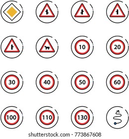 line vector icon set - main road vector sign, intersection, cow, speed limit 10, 20, 30, 40, 50, 60, 100, 110, 130, trip