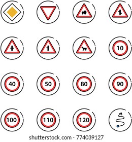 line vector icon set - main road vector sign, giving way, tractor, intersection, cow, speed limit 10, 40, 50, 80, 90, 100, 110, 120, trip