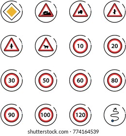 line vector icon set - main road vector sign, climb, tractor way, intersection, cow, speed limit 10, 20, 30, 50, 60, 80, 90, 100, 120, trip