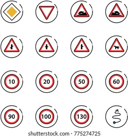line vector icon set - main road vector sign, giving way, climb, steep descent, intersection, cow, speed limit 10, 20, 50, 60, 90, 100, 130, trip