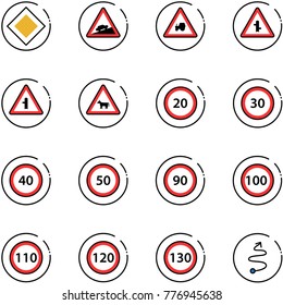 line vector icon set - main road vector sign, climb, tractor way, intersection, cow, speed limit 20, 30, 40, 50, 90, 100, 110, 120, 130, trip