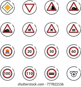 line vector icon set - main road vector sign, giving way, landslide, climb, steep descent, railway intersection, no dangerous cargo, speed limit 20, 50, 60, 100, 110, bus, surveillance camera