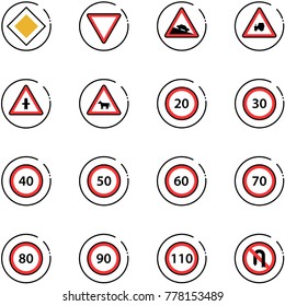 line vector icon set - main road vector sign, giving way, steep descent, tractor, intersection, cow, speed limit 20, 30, 40, 50, 60, 70, 80, 90, 110, no turn back