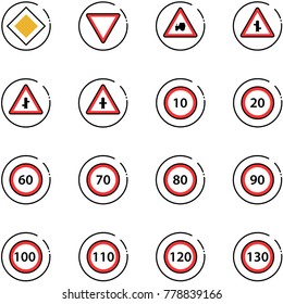 line vector icon set - main road vector sign, giving way, tractor, intersection, speed limit 10, 20, 60, 70, 80, 90, 100, 110, 120, 130