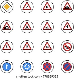 line vector icon set - main road vector sign, turn right, oncoming traffic, steep descent, embankment, pedestrian, children, intersection, cow, no horn, only forward, circle, stop, parking