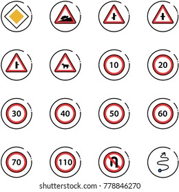 line vector icon set - main road vector sign, climb, intersection, cow, speed limit 10, 20, 30, 40, 50, 60, 70, 110, no turn back, trip