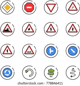 line vector icon set - main road vector sign, no way, giving, turn right, steep roadside, abrupt, intersection, rough, only forward, detour, circle, undo, signpost, trip