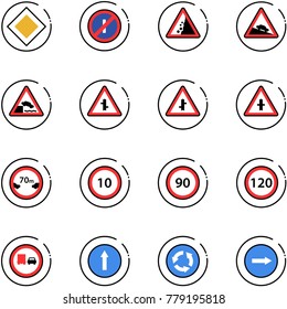 line vector icon set - main road vector sign, no parkin odd, landslide, steep descent, embankment, intersection, limited distance, speed limit 10, 90, 120, truck overtake, only forward, circle