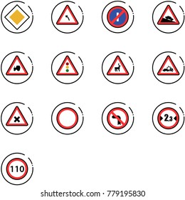 line vector icon set - main road vector sign, turn left, no parkin odd, steep descent, tractor way, traffic light, wild animals, car crash, railway intersection, prohibition, limited width