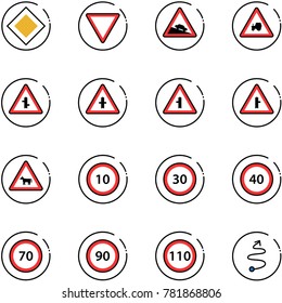 line vector icon set - main road vector sign, giving way, steep descent, tractor, intersection, cow, speed limit 10, 30, 40, 70, 90, 110, trip