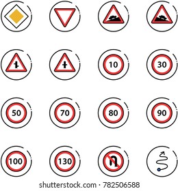 line vector icon set - main road vector sign, giving way, climb, steep descent, intersection, speed limit 10, 30, 50, 70, 80, 90, 100, 130, no turn back, trip