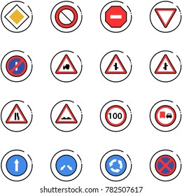 line vector icon set - main road vector sign, prohibition, no way, giving, parkin odd, tractor, intersection, narrows, rough, speed limit 100, truck overtake, only forward, detour, circle, stop