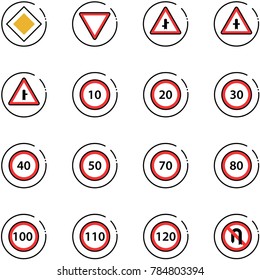 line vector icon set - main road vector sign, giving way, intersection, speed limit 10, 20, 30, 40, 50, 70, 80, 100, 110, 120, no turn back