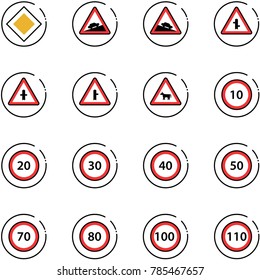 line vector icon set - main road vector sign, climb, steep descent, intersection, cow, speed limit 10, 20, 30, 40, 50, 70, 80, 100, 110