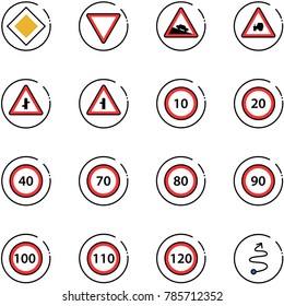 line vector icon set - main road vector sign, giving way, steep descent, tractor, intersection, speed limit 10, 20, 40, 70, 80, 90, 100, 110, 120, trip