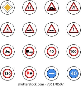 line vector icon set - main road vector sign, oncoming traffic, climb, slippery, pedestrian, car crash, rough, attention, no moto, trailer, speed limit 40, 100, 130, truck overtake, only right