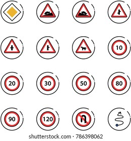 line vector icon set - main road vector sign, climb, steep descent, intersection, cow, speed limit 10, 20, 30, 50, 80, 90, 120, no turn back, trip