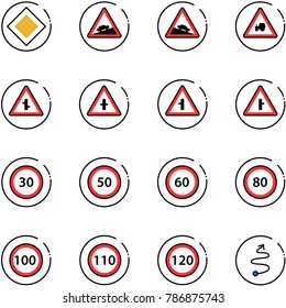 line vector icon set - main road vector sign, climb, steep descent, tractor way, intersection, speed limit 30, 50, 60, 80, 100, 110, 120, trip