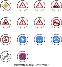 line vector icon set - main road vector sign, turn left, oncoming traffic, steep descent, tunnel, light, pedestrian, no horn, limited height, only forward right, detour, circle, end overtake limit