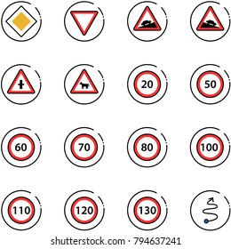 line vector icon set - main road vector sign, giving way, climb, steep descent, intersection, cow, speed limit 20, 50, 60, 70, 80, 100, 110, 120, 130, trip