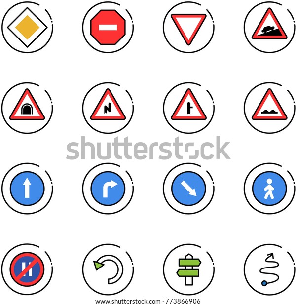 line vector icon set - main road vector sign, no\
way, giving, climb, tunnel, abrupt turn right, intersection, rough,\
only forward, detour, pedestrian, parking even, undo, signpost,\
trip