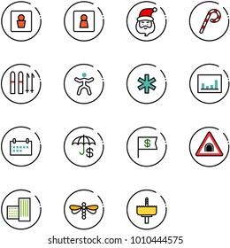 line vector icon set - male wc vector, female, santa claus, lollipop, ski, gymnastics, ambulance star, statistics, schedule, insurance, dollar flag, tunnel road sign, building, dragonfly