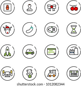 line vector icon set - male wc vector, stamp, bow, rowanberry, christmas deer hat, eggplant, euro dollar, sand clock, rocket, car, schedule, plant, sharpening, bear toy, train, piano