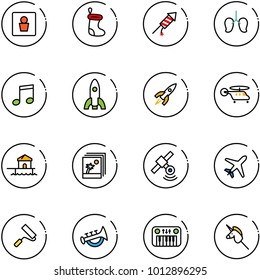 line vector icon set - male wc vector, christmas sock, firework rocket, lungs, music, helicopter, bungalow, photo, satellite, plane, paint roller, horn toy, piano, unicorn stick